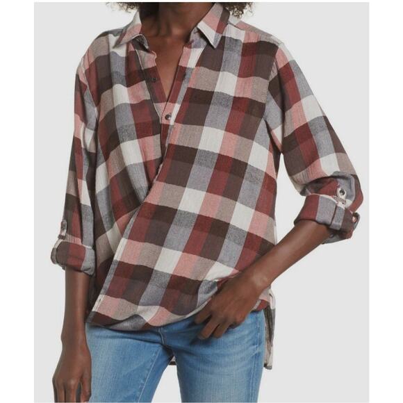 Blank NYC Brown Plaid Check Twist Front 1/2 Button Pop Over Top Sz M - Picture 1 of 9
